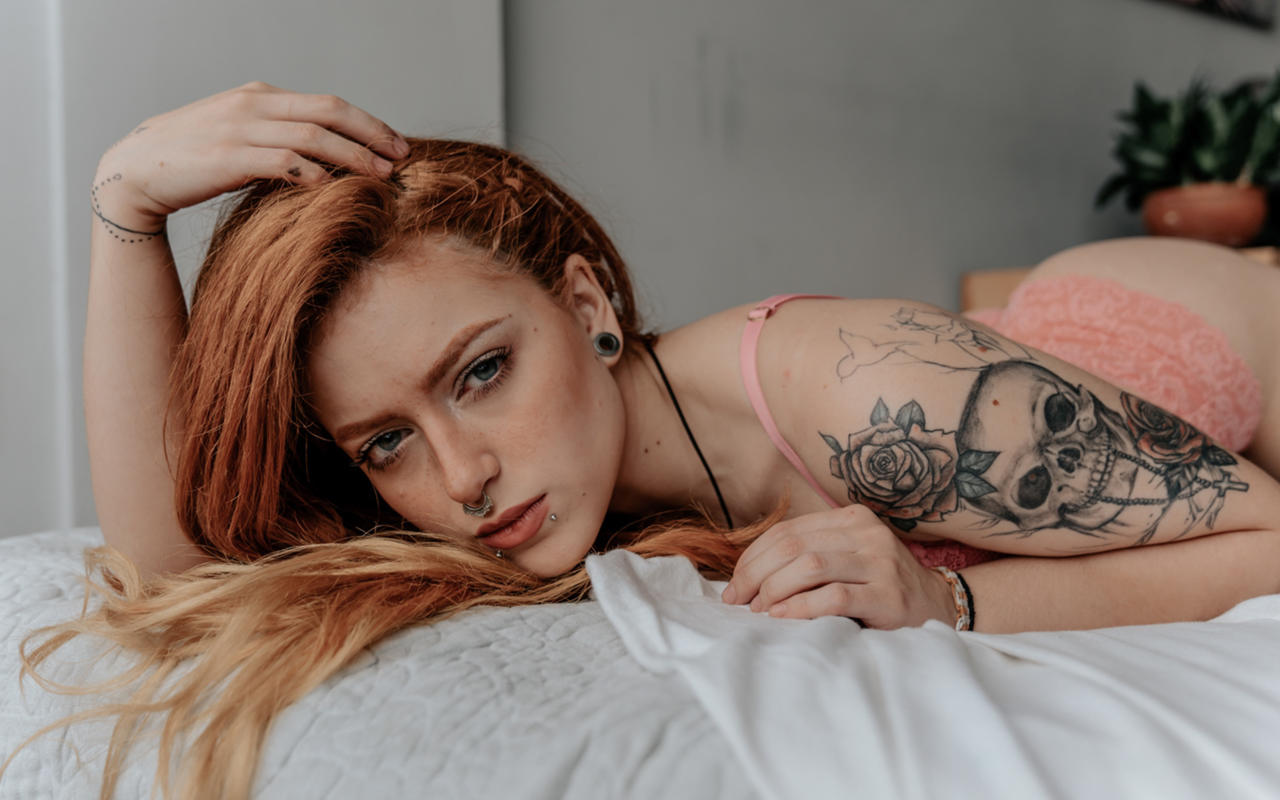 adriana, redhead, non nude, eye contact, tattoo, panties, lingerie