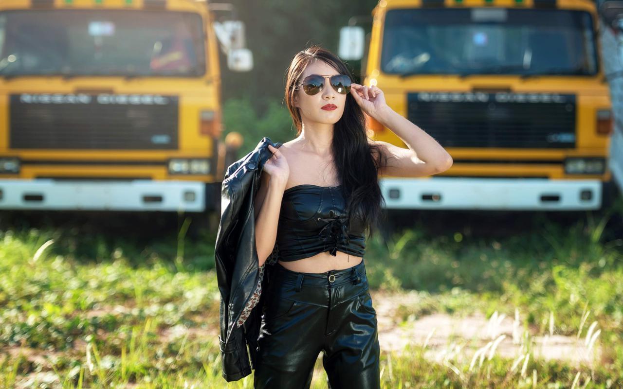 brunette, erotic, model, leather, outdoor, fetish babe, sunglasses, widescreen