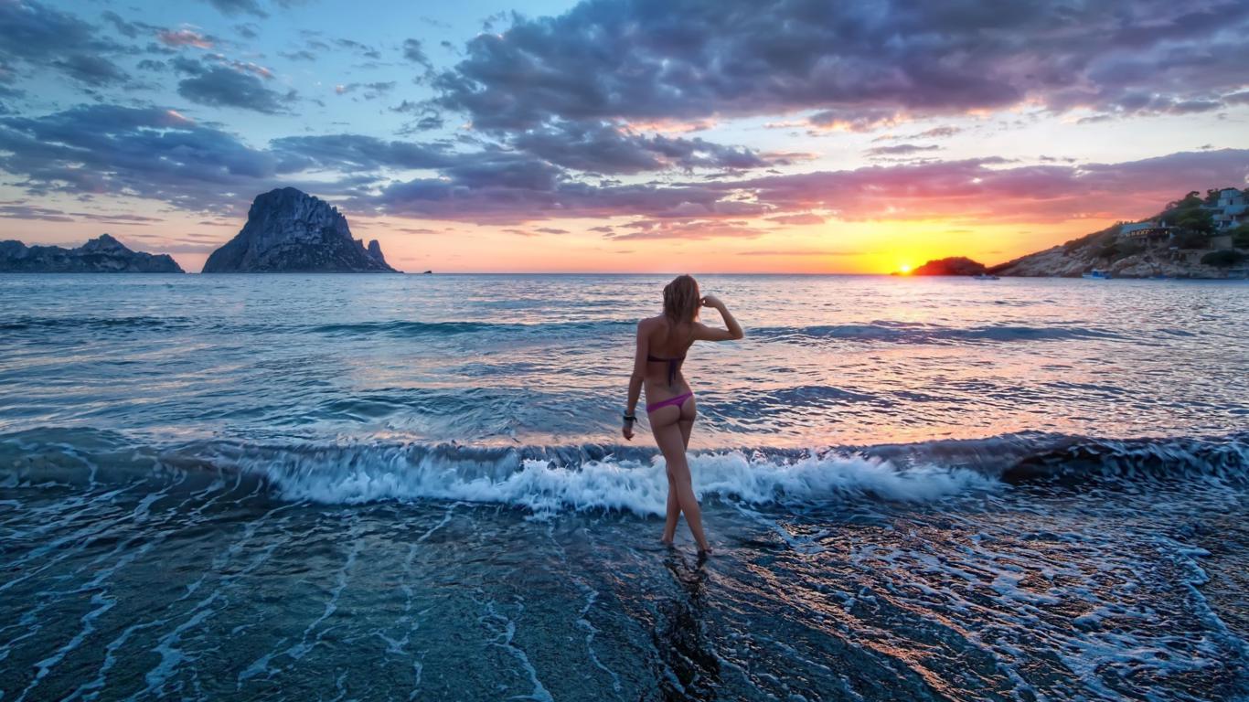 blonde, bikini, ass, beach, scenic, wet, sunset, ocean, sea