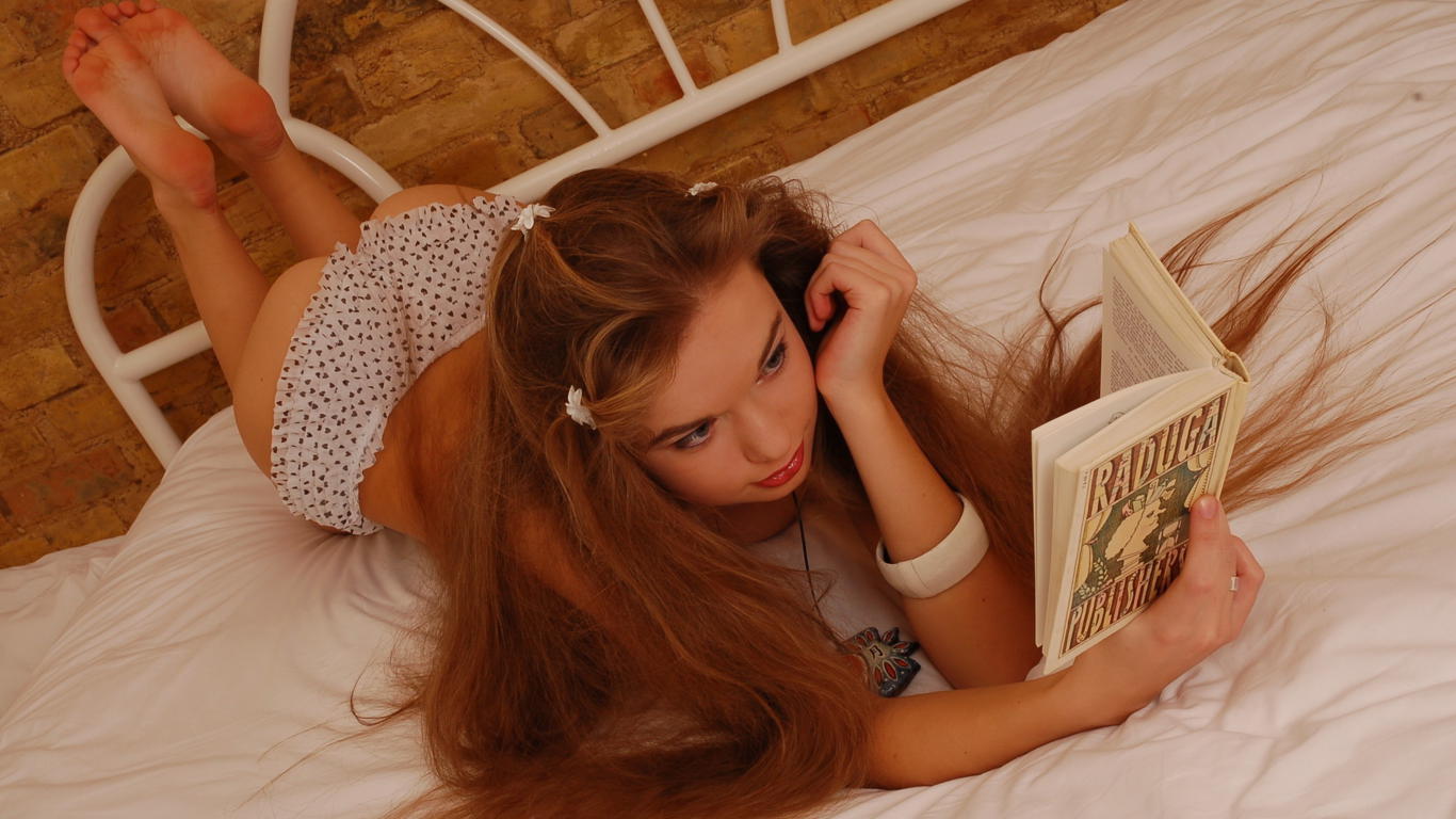 girl, sexy, redhead, lingerie, panties, ass, buttocks, bed, book, milena d, soles, homework