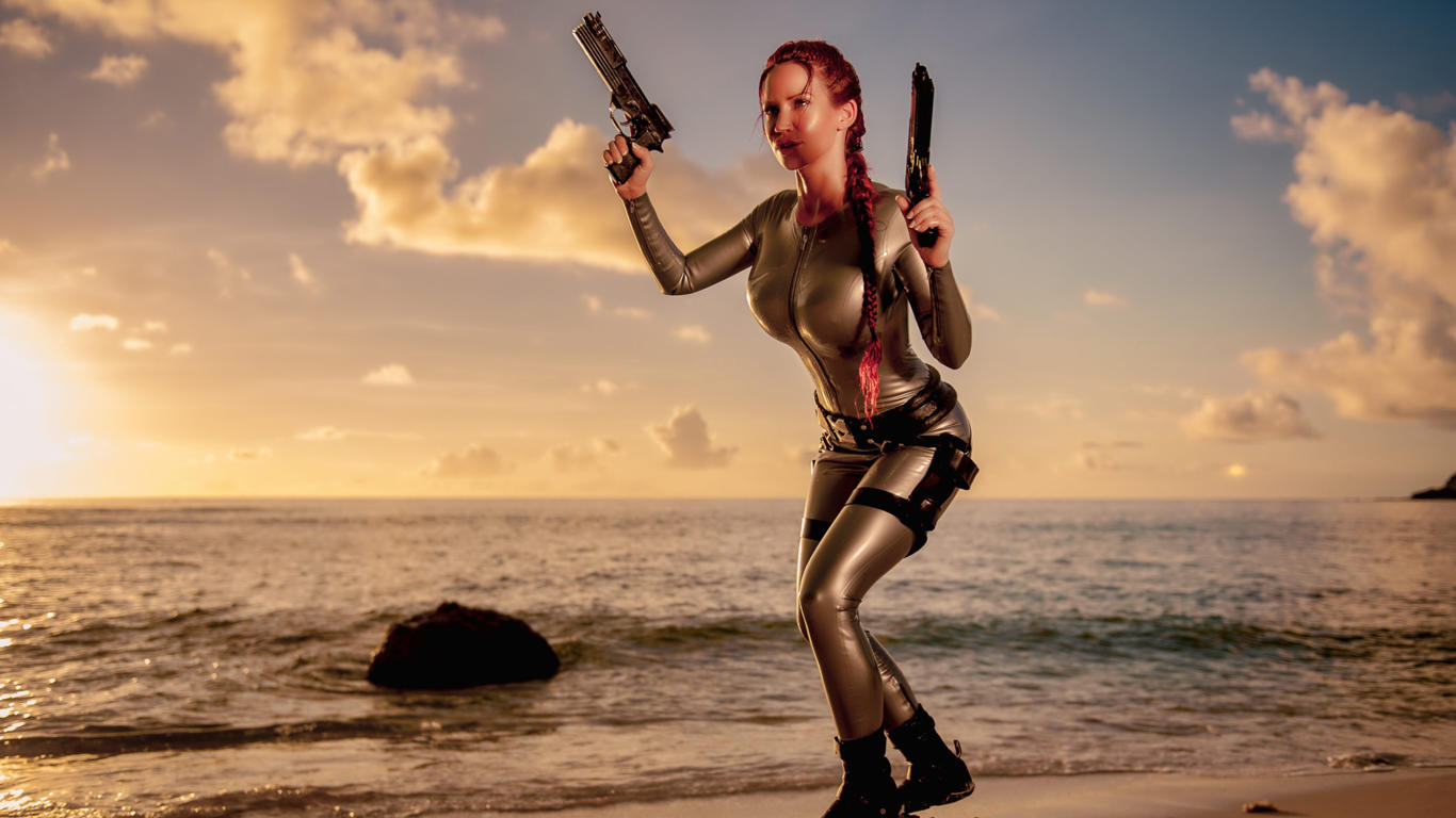 bianca beauchamp, canadian, model, redhead, sexy babe, fetishqueen, cosplay, lara croft, tomb raider, beach, sand, water, wet, latex, catsuit, decollete, queue, pistols, sundown, rubber, fetish, tomb raider set, bianca, tight clothes, real celebs wall