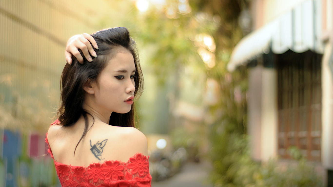 asian, girl, outdoors, dress, beauty, smile, tattoo