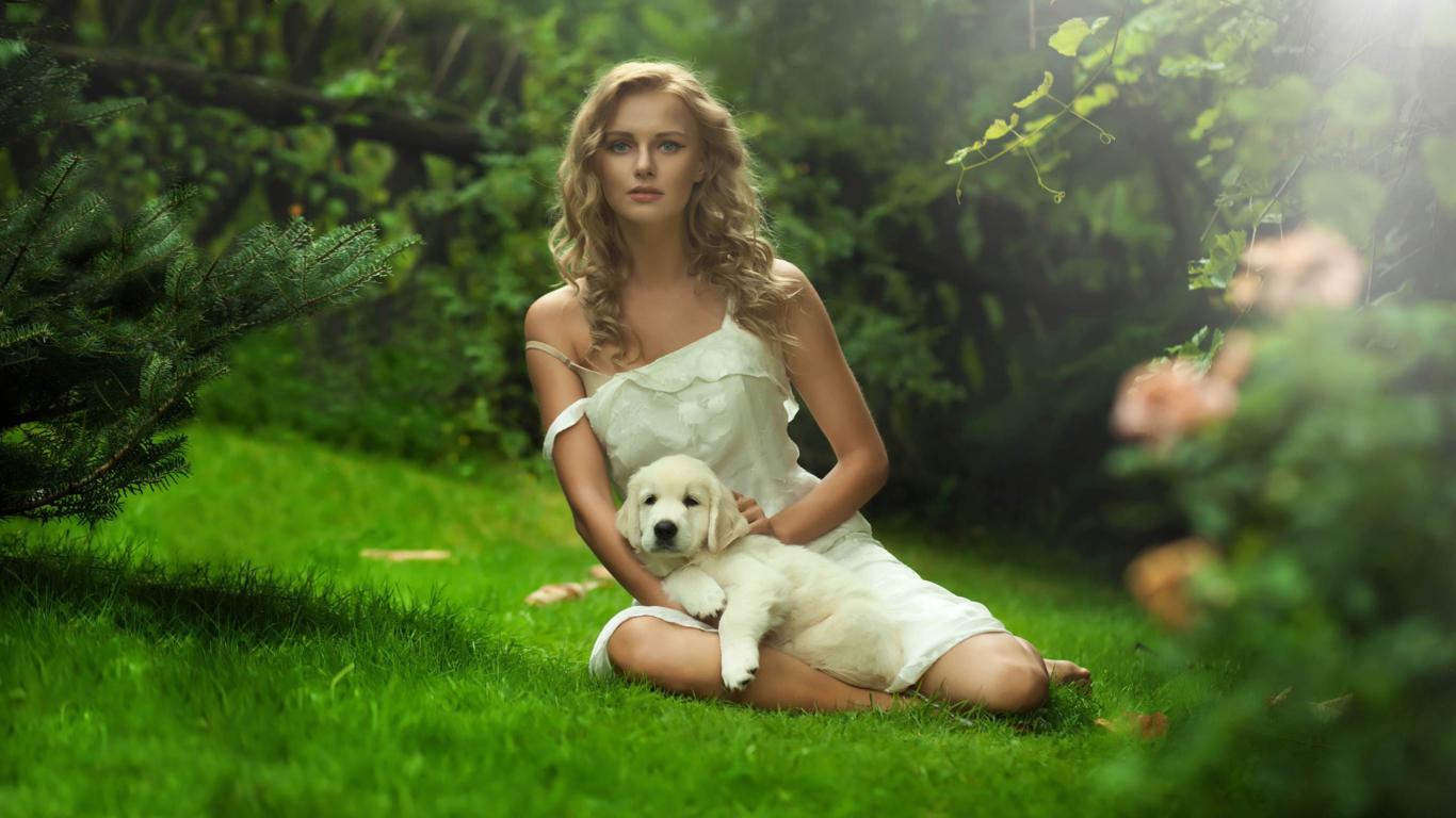 blonde, blue eyed beauty, dog, girl, dress, sexy, outdoor, flowers, widescreen, non nude