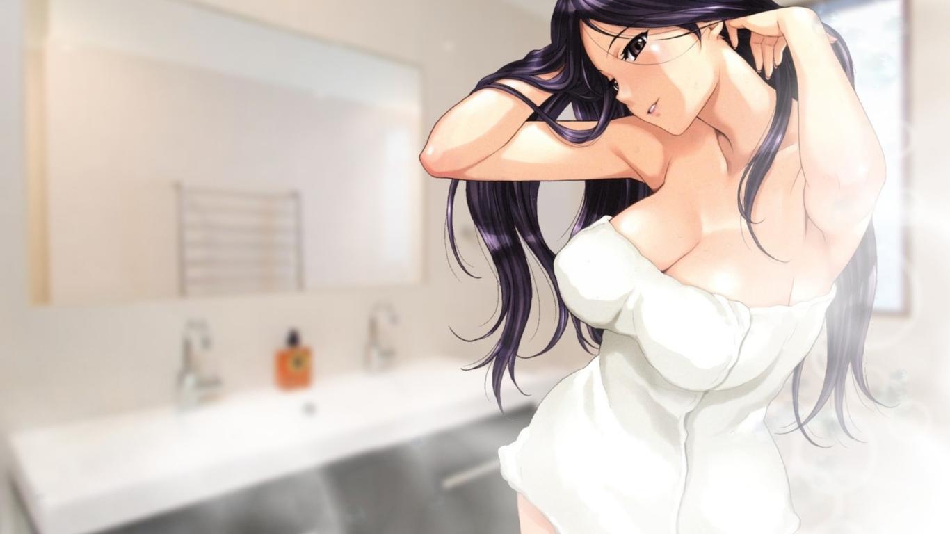 bathroom, long hair, boobs, cute, hentai, anime