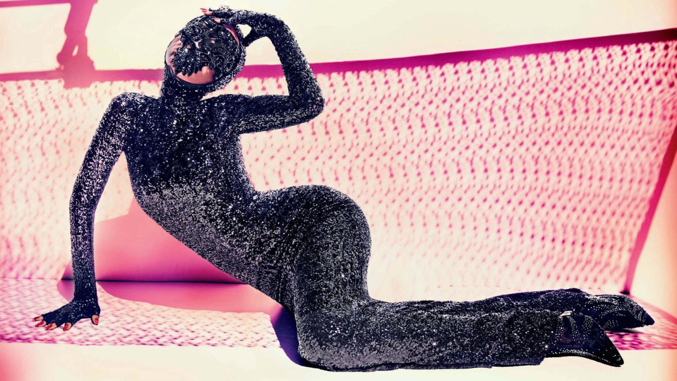 adult model, slim, sexy babe, posing, sitting, tight clothes, black, shiny, robe, mask, sitting, erotic art, zentai, fetish babe, lingerie series, erotic, shiny clothes, high heels, widescreen cut