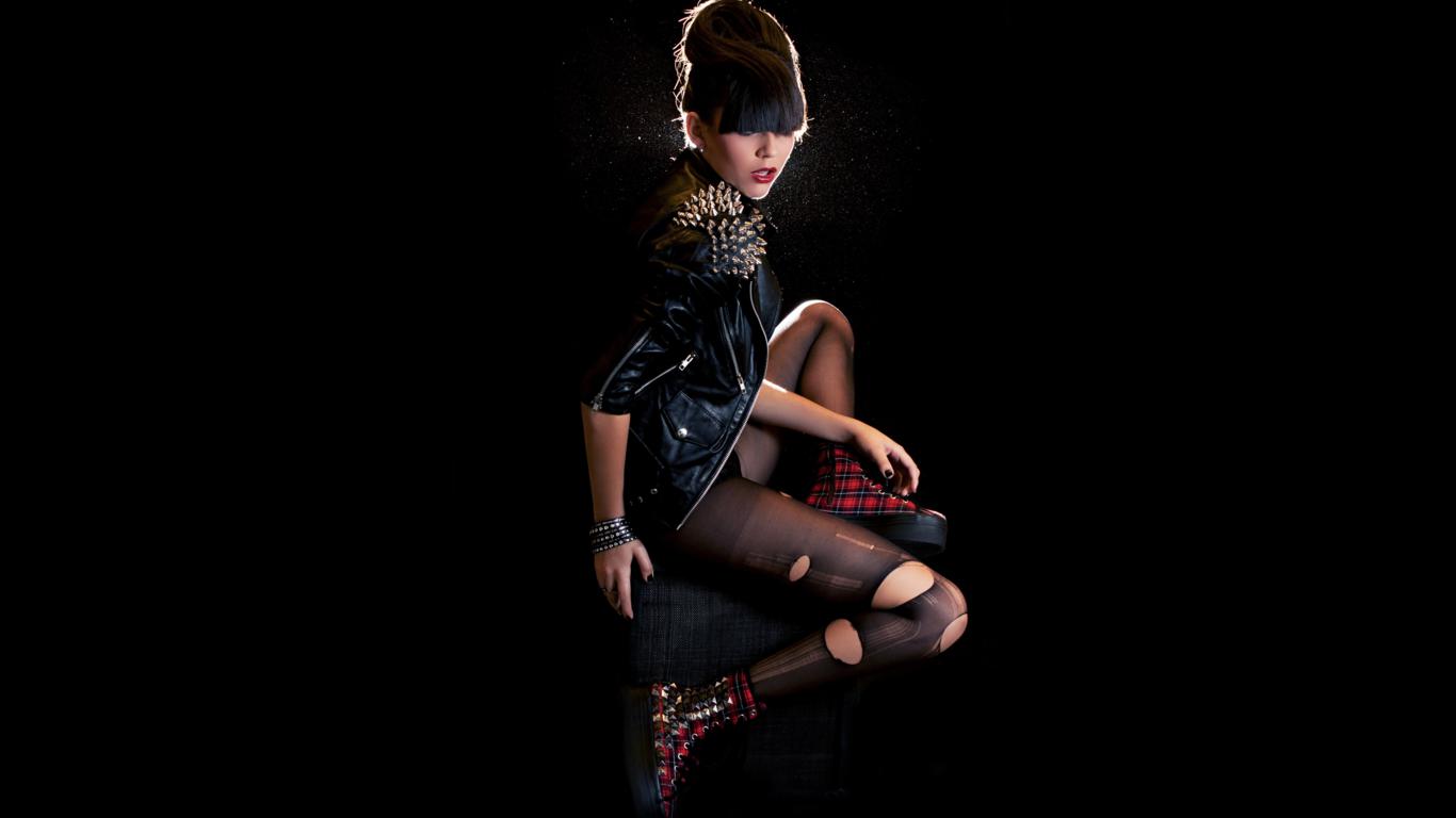 valentina damasco, slim, brunette, fashion, glamour, model, sexy babe, long hair, posing, sitting, casual wear, sexy, dressed, leather jacket, destroyed, pantyhose, sneakers, ultra, hi-q, own cut, minimalist wall, valentina, widescreen cut, best, best quality