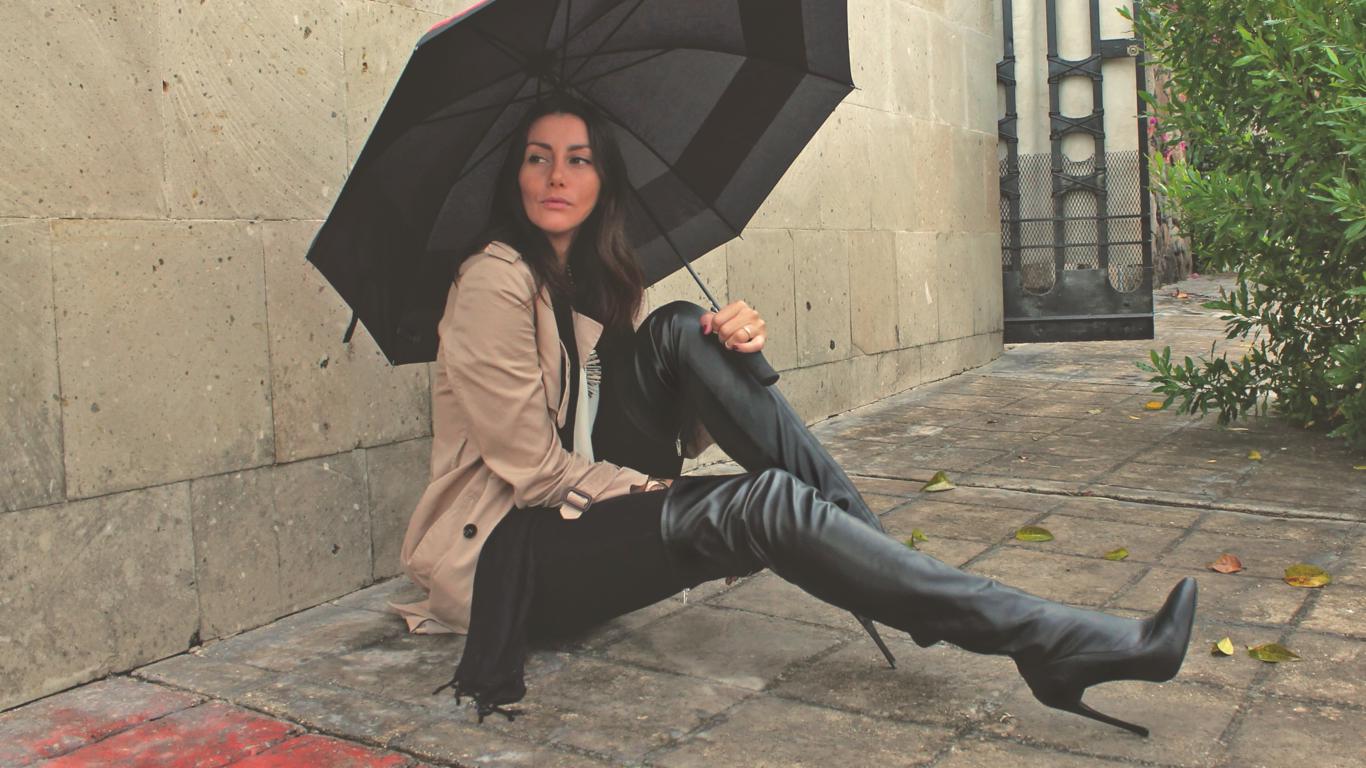 young, slim, brunette, amateur, model, sexy babe, long hair, tight clothes, leggings, outdoor, overknee, leather, high boots, casual wear, umbrella, homemade, boots, fetish babe, overknee boots, babes in boots