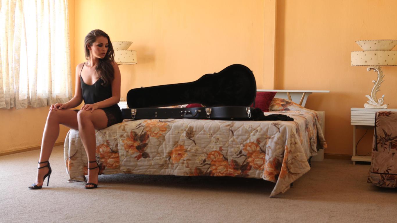 allie haze, brunette, long hair, dress, belle, cute, high heels, guitar, bed, bedroom