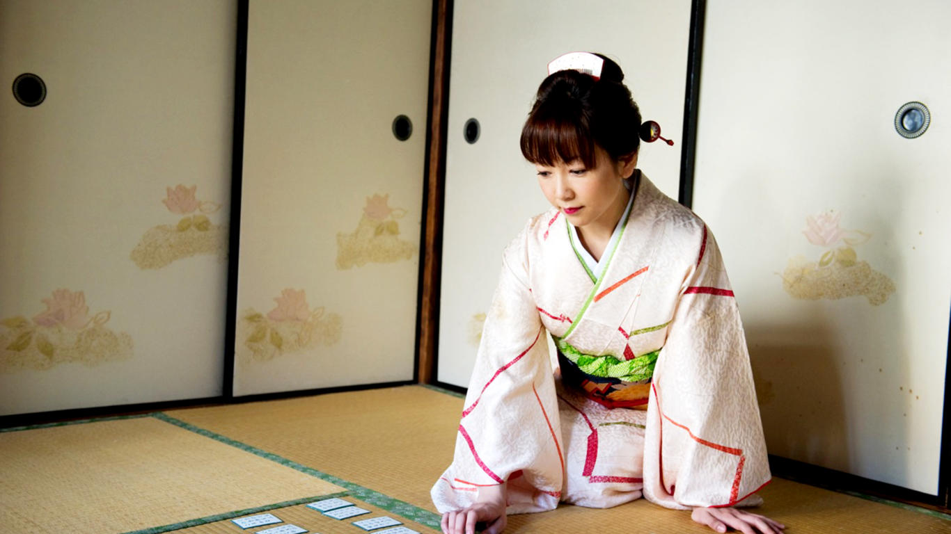 azusa kirihara, tatami, kimono, karuta, new year, asian