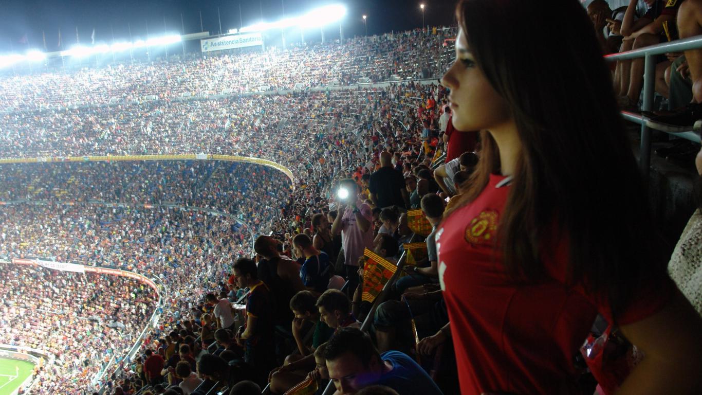 girl, brunette, stadium, cute, long hair, sport, stands, old trafford, manchester united stadium