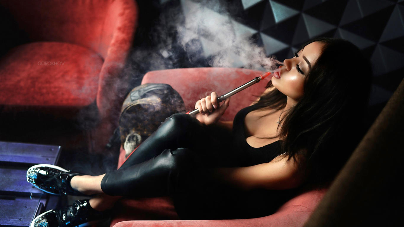 model, pretty, babe, dark hair, sensual lips, juicy lips, russian, water pipe, face, leather pants, 4k, smoke, smoking, brunette, decollete