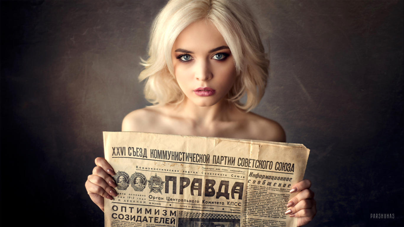 kristina mamatyukova, model, pretty, babe, blonde, blue eyes, russian, sensual lips, juicy lips, newspaper, face, pravda, 4k