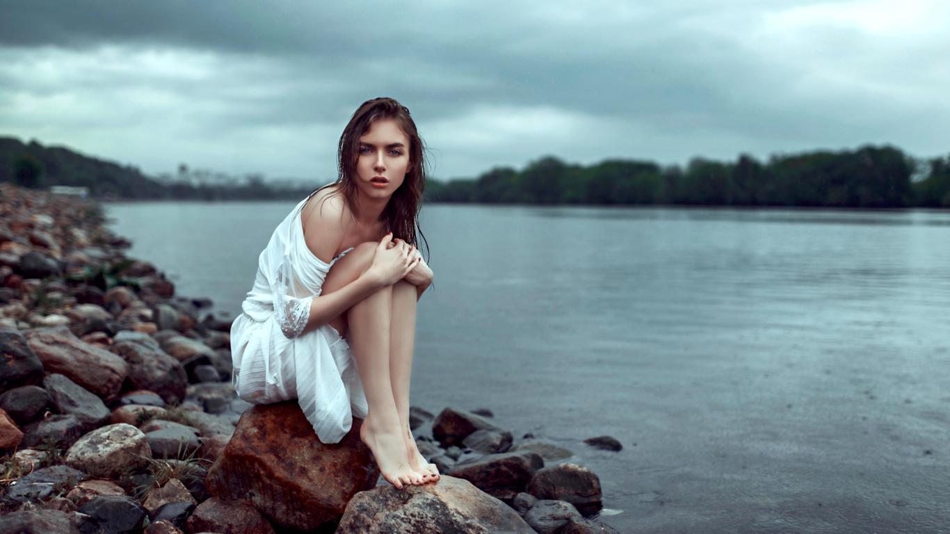 victoria vishnevetskaya, model, pretty, babe, brunette, russian, dress, rain, legs, graceful feet, 4k, lake, nature
