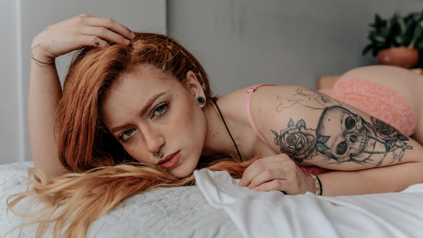 adriana, redhead, non nude, eye contact, tattoo, panties, lingerie