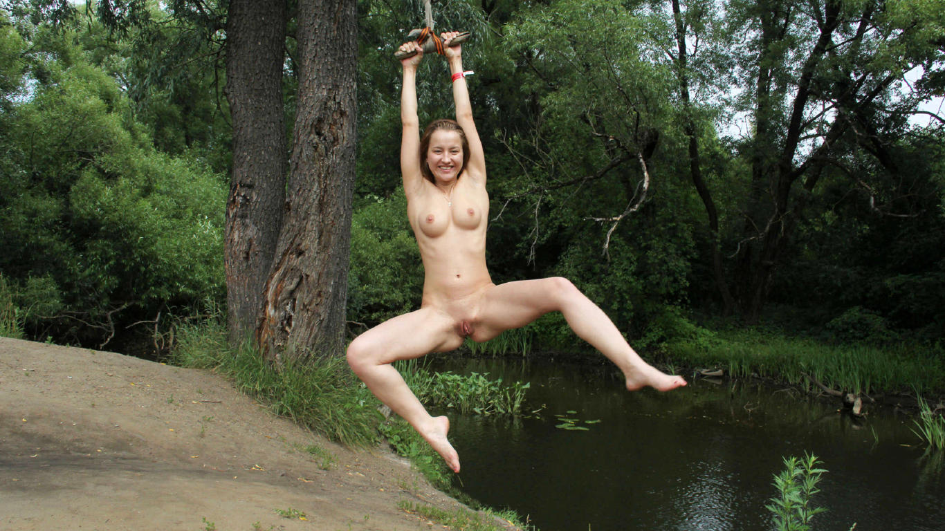 abbey, brunette, russian, public nudity, naked, zipline, boobs, tits, nipples, shaved pussy, labia, spread legs, smile, hi-q