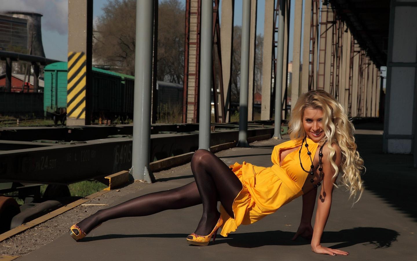 smile, pantyhose, dress, legs, hips, thighs, heels, railroad, beads, long hair, curly hair
