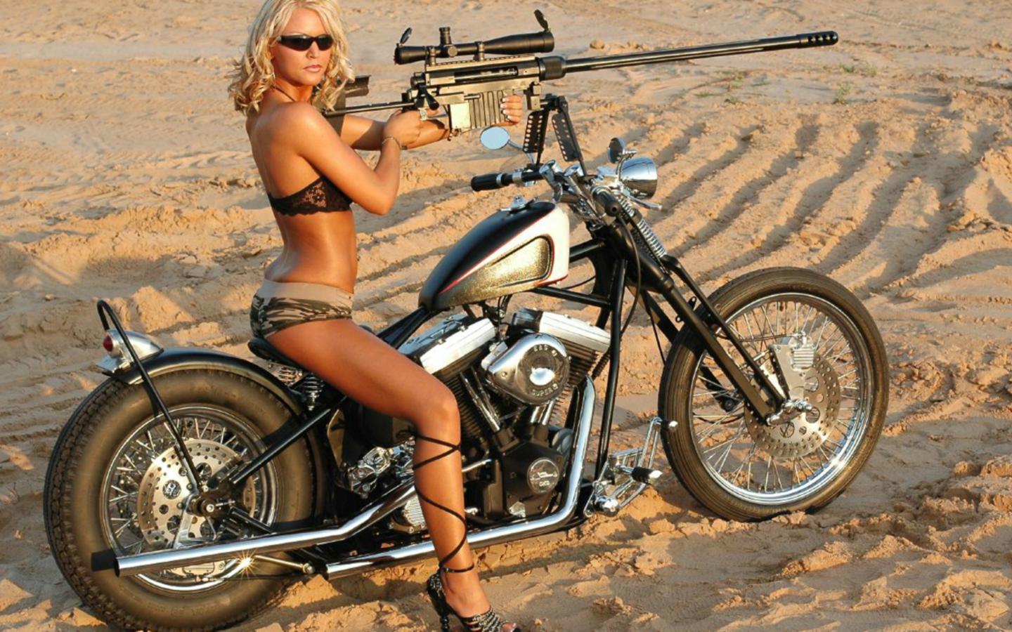 megan, bike, gun, shades, shorts, model, sand