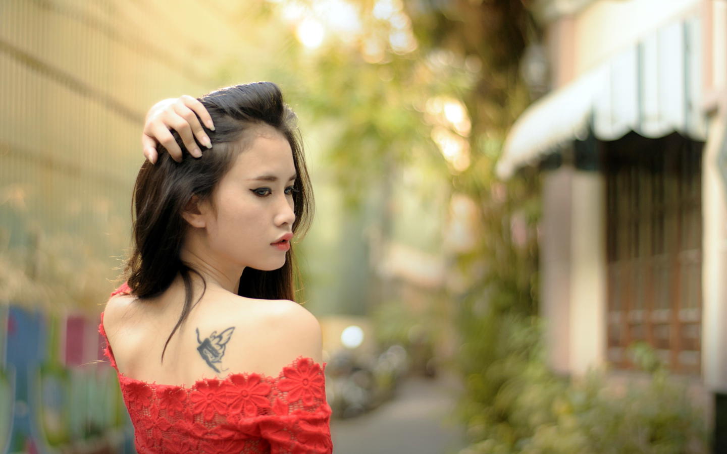 asian, girl, outdoors, dress, beauty, smile, tattoo