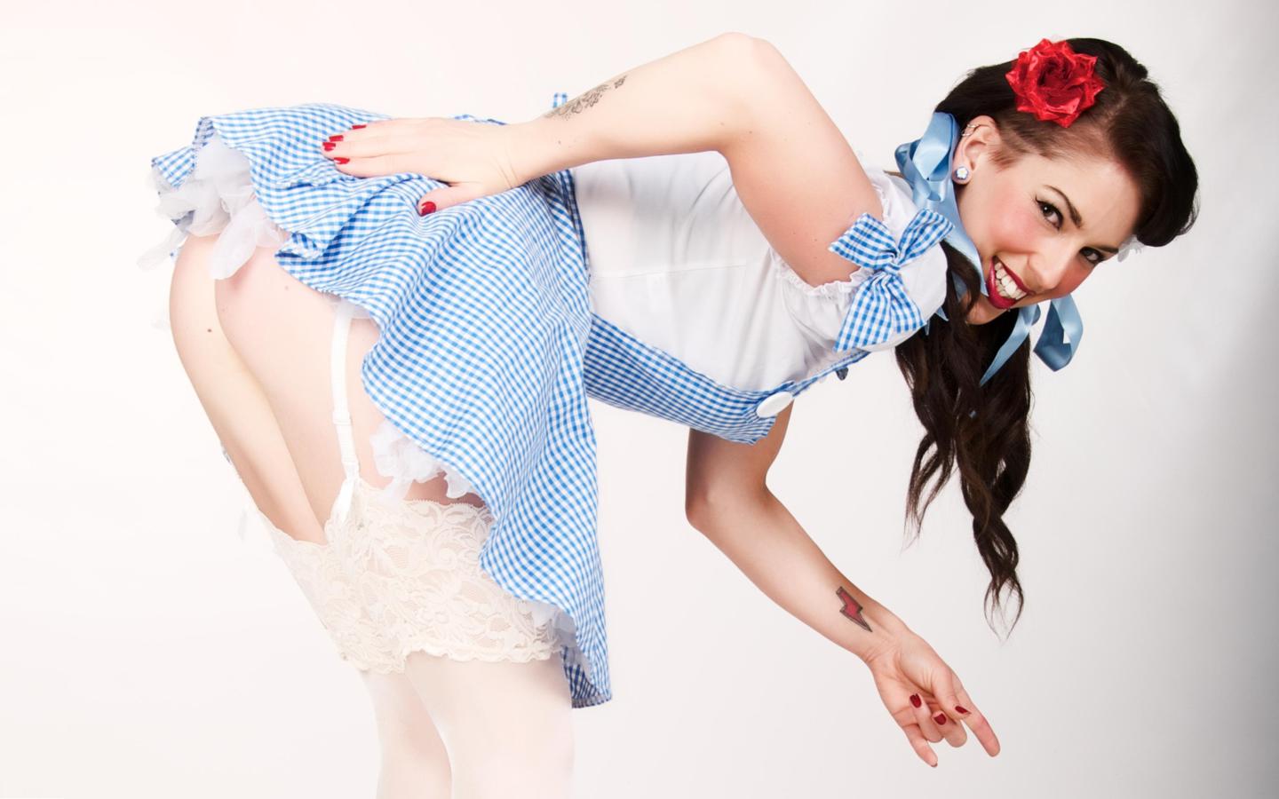 young, brunette, model, slim, sexy babe, long hair, tattoo, posing, bend forward, sexy dressed, lingerie, cosplay, dorothy, costum, stockings, pin up style, make up art, hi-q, nice rack, sexy ass, string, sexy, ass wallpaper, erotic, red lips