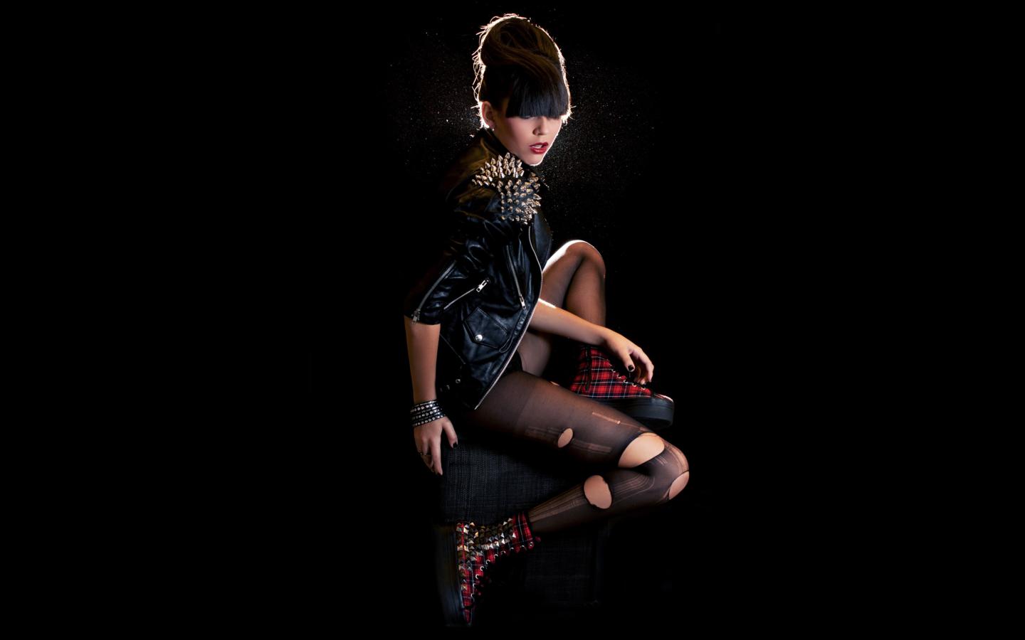 valentina damasco, slim, brunette, fashion, glamour, model, sexy babe, long hair, posing, sitting, casual wear, sexy, dressed, leather jacket, destroyed, pantyhose, sneakers, ultra, hi-q, own cut, minimalist wall, valentina, widescreen cut, best, best quality