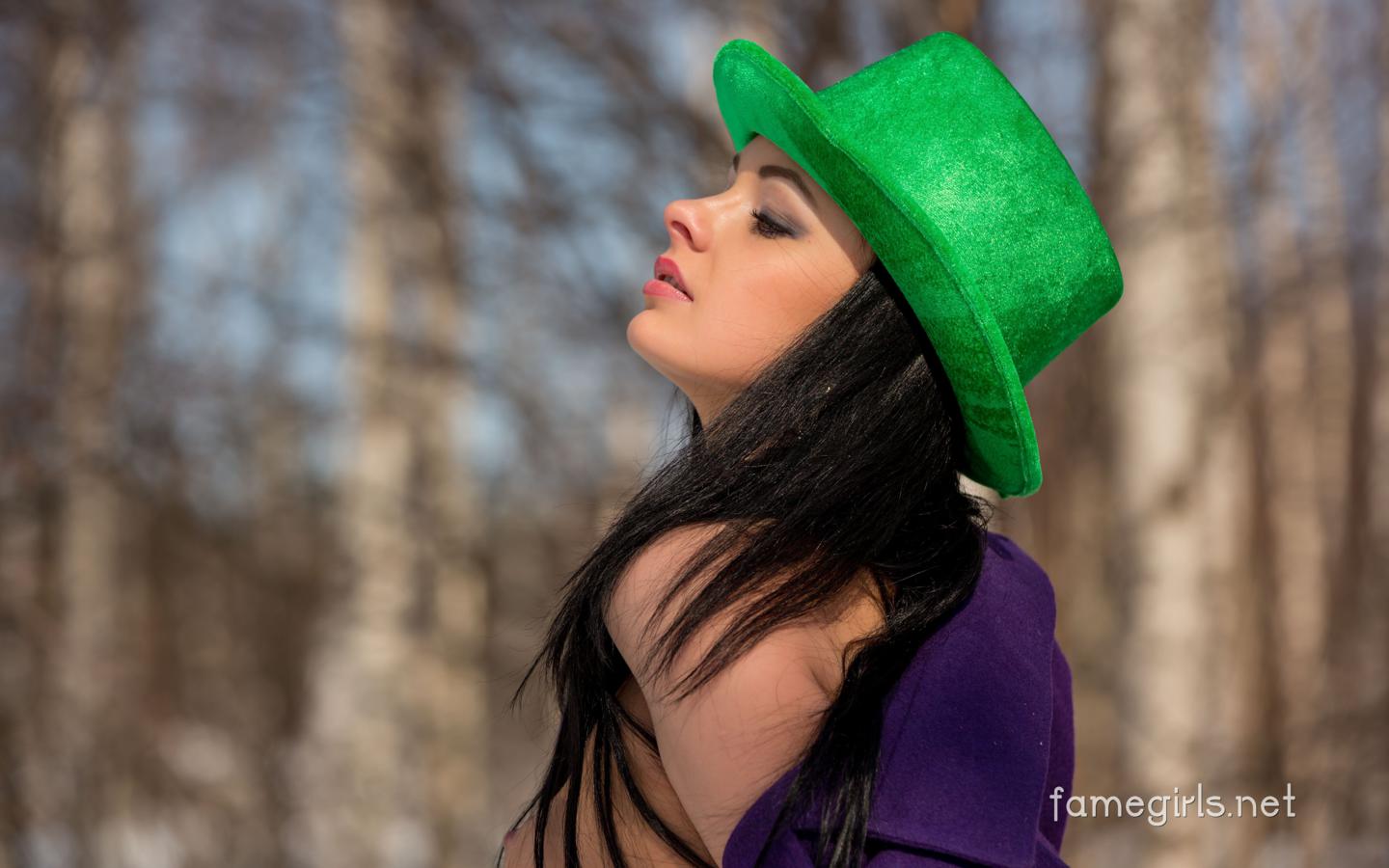 katie, brunette, sexy girl, adult model, :), beautiful, coat, hat, long hair