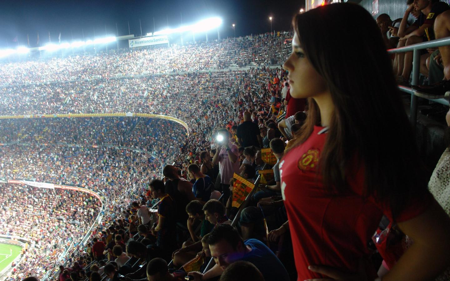 girl, brunette, stadium, cute, long hair, sport, stands, old trafford, manchester united stadium