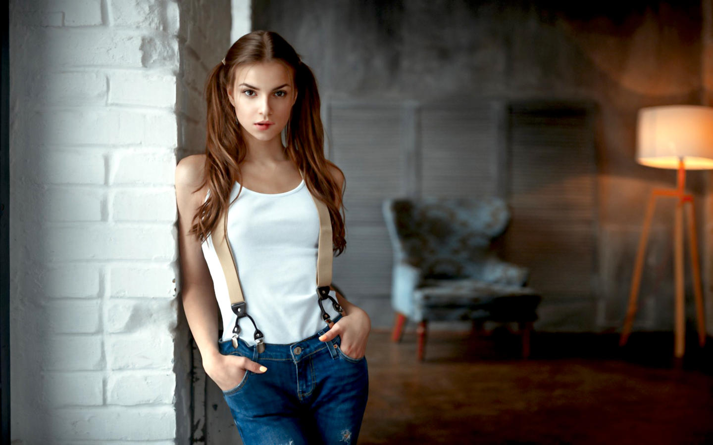 elina loseva, model, pretty, babe, brunette, ponytails, sensual lips, shirt, jeans, georgy chernyadyev studio, lamp, chair