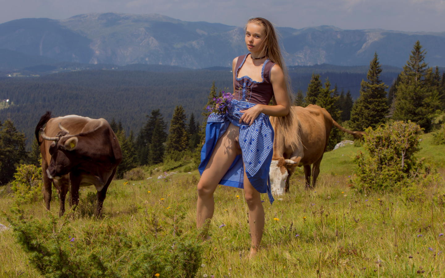 milena angel, alps, flowers, cow, carol, kate, milena, milena d, veronika a, trimmed pussy, pussy, grass