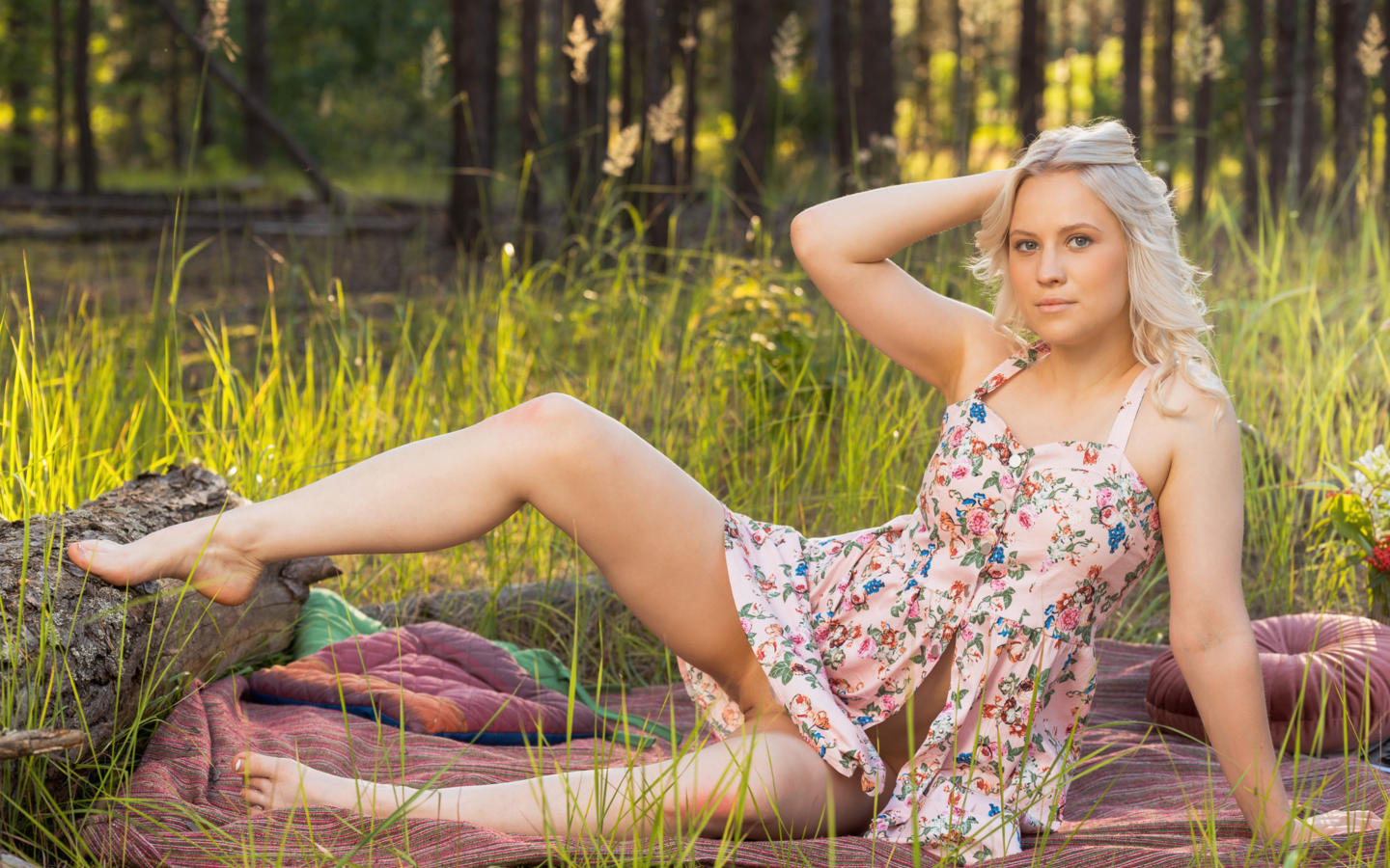 blonde, outdoors, blanket, dress, no panties, shaved pussy, spread legs, hi-q, nikki hill