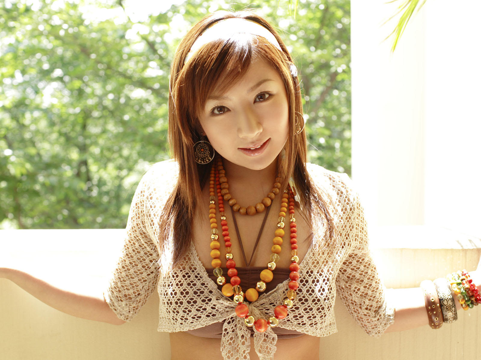 asian, lingerie, redhead, long hair, sexy, beads