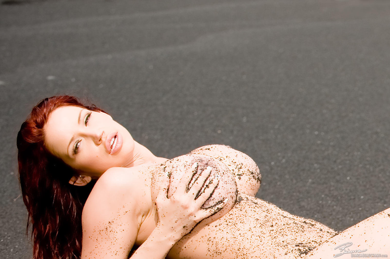 big tits, nude, bianca beauchamp, beach, sand, black sand
