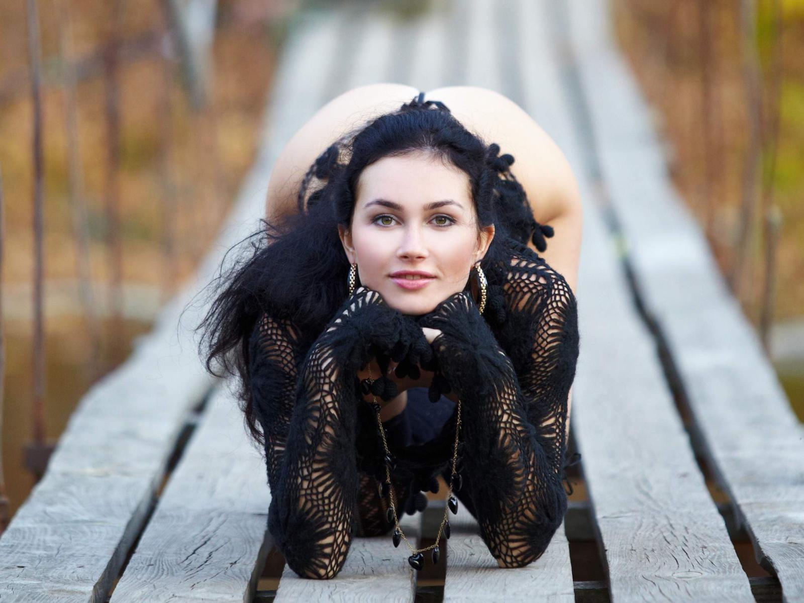 sexy, brunette, lingerie, outdoor, beads, earrings, hot, mila l, bridge