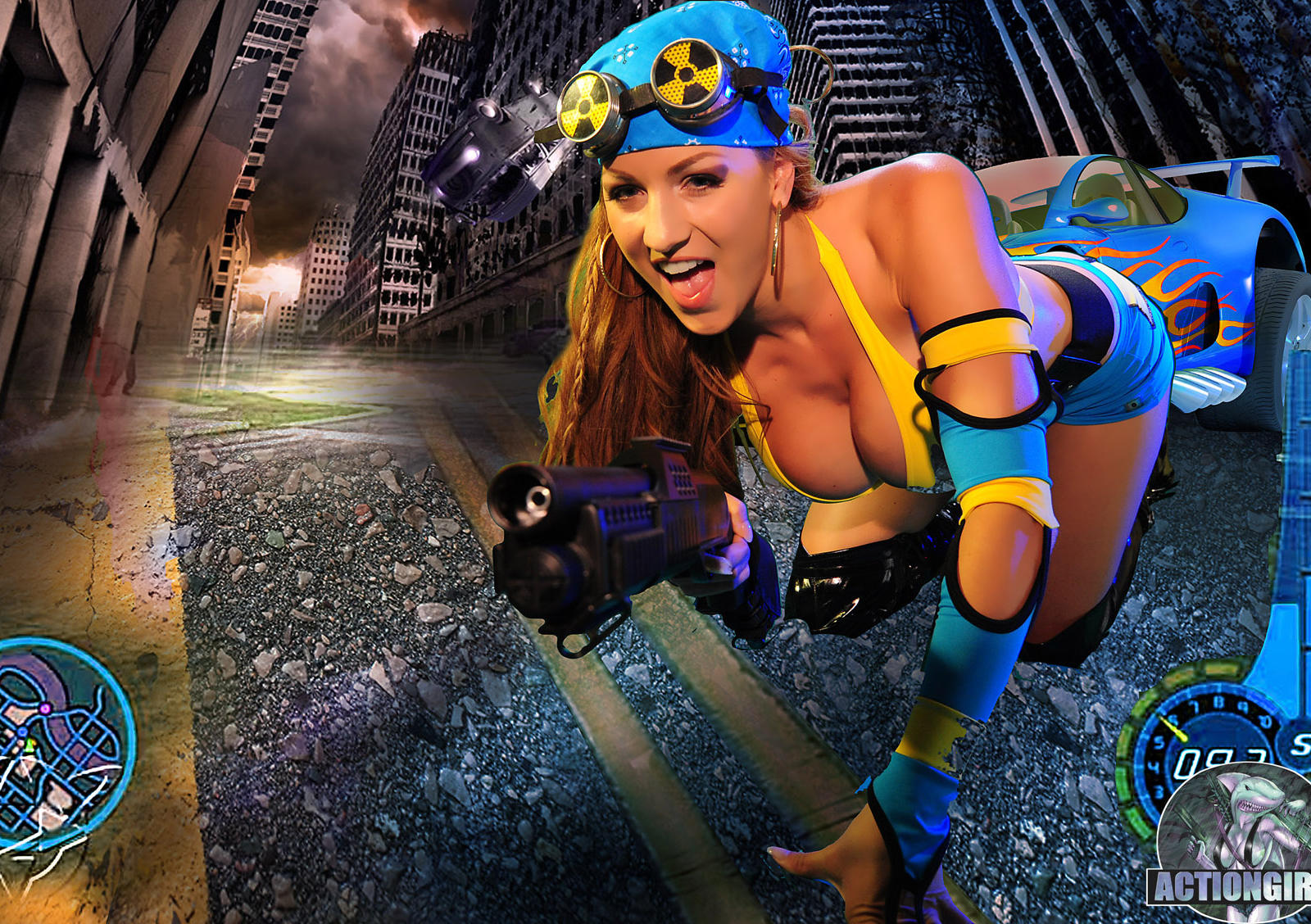 action girl, blue, jordan carver, yellow, gun, action girls, guns
