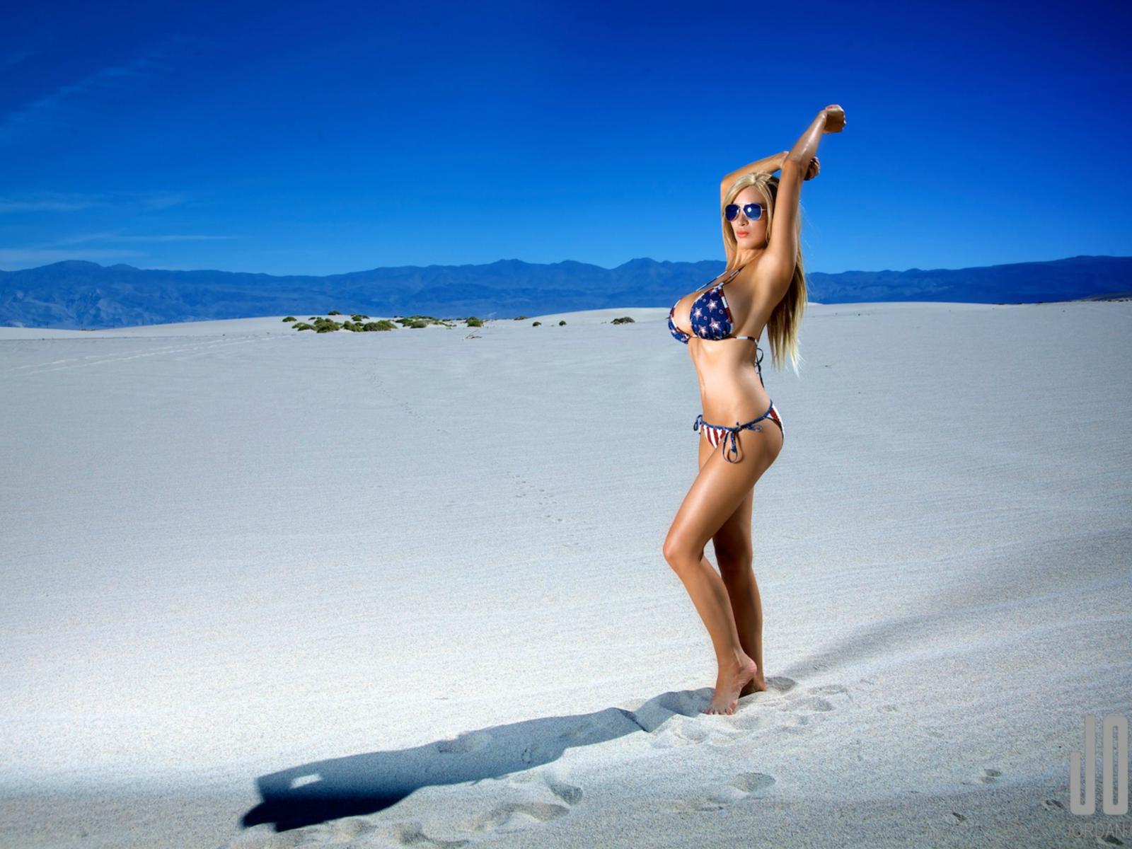 jordan carver, blue sky, bikini, sunglasses, outdoors, stars and stripes, flag