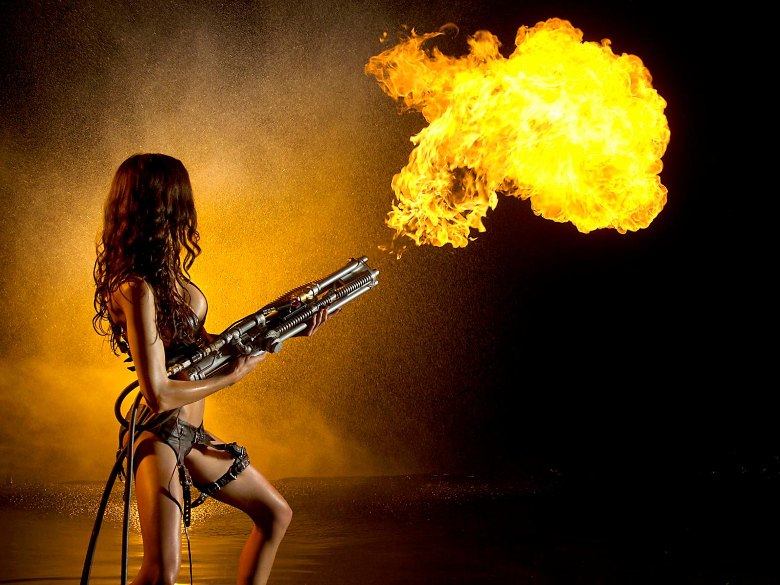 brunette, non nude, bikini, water, flame thrower, action girls, leeanna, fire