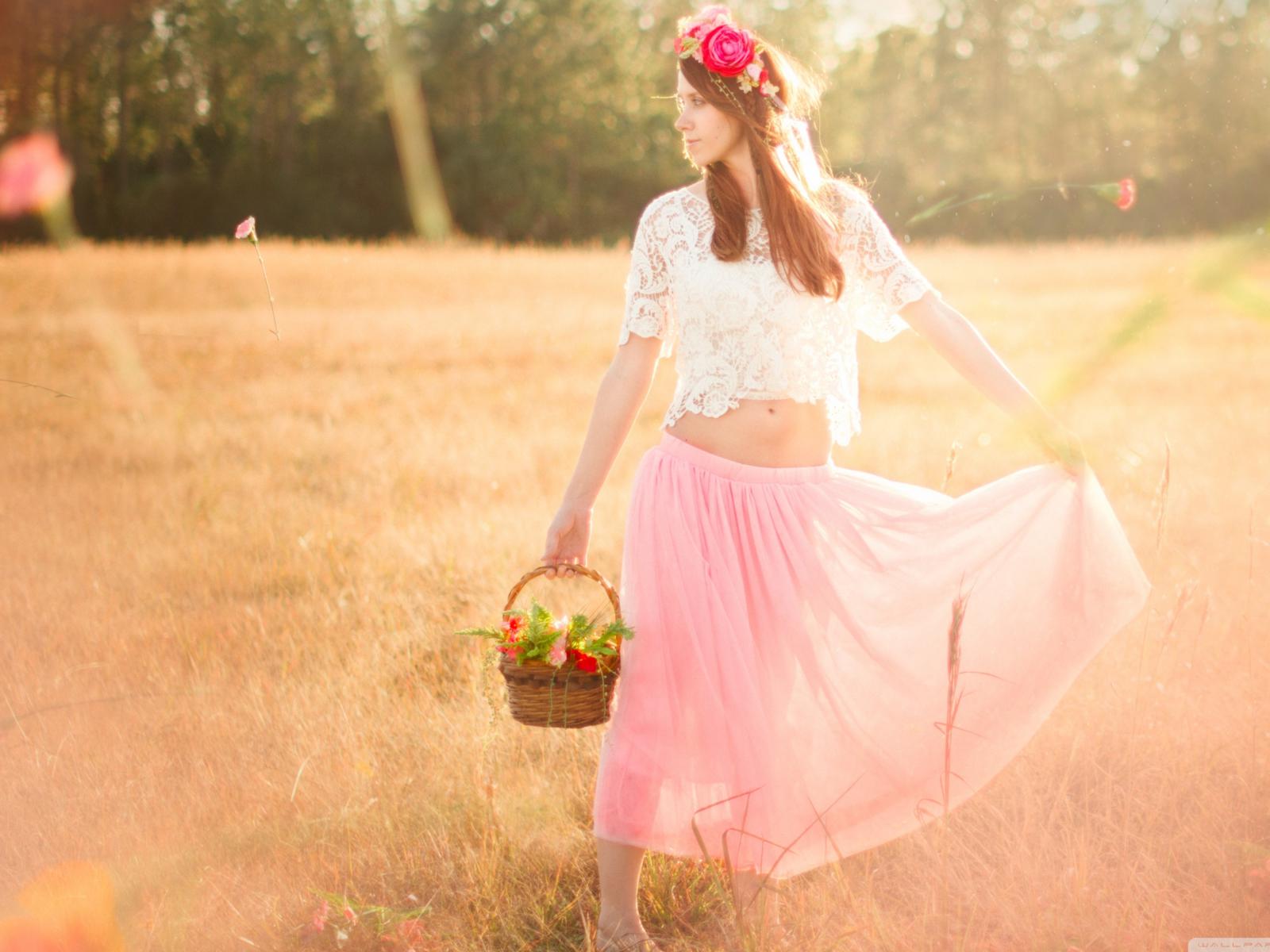 girl, dress, outdoors, grass, flower