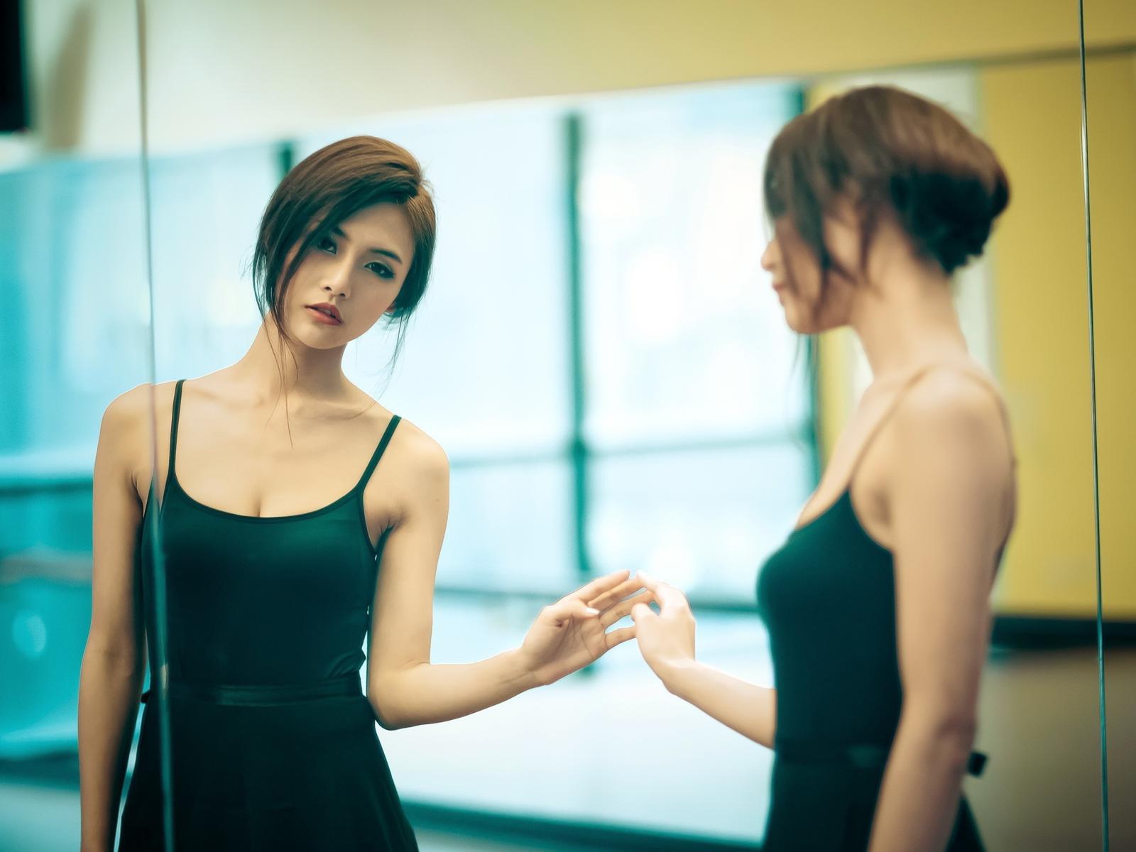 asian, girl, ballet, brunette, mirror, reflection
