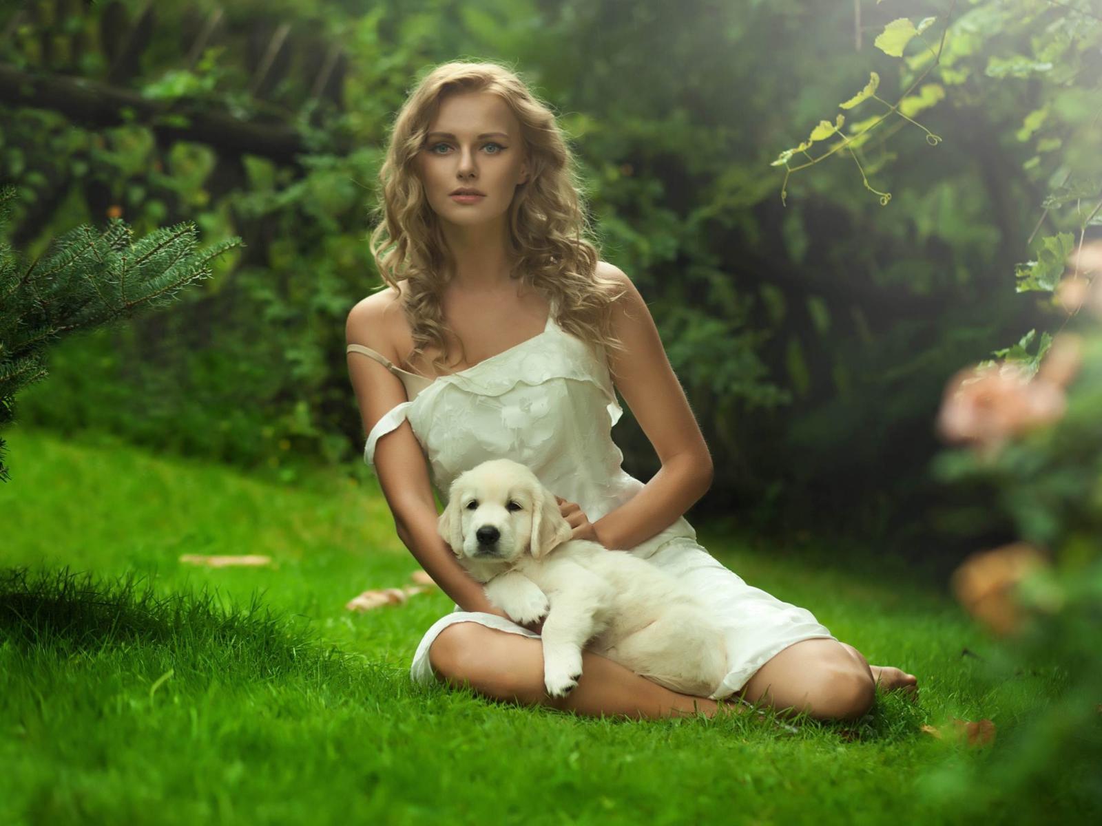 blonde, blue eyed beauty, dog, girl, dress, sexy, outdoor, flowers, widescreen, non nude