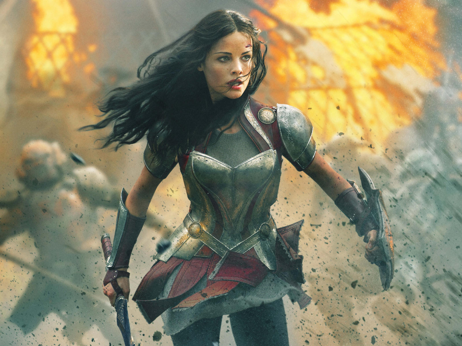 thor, the dark world, jamie alexander, brunette, warrioress, armor, sword, shield, fighting, fire, fantasy, long hair, no fear