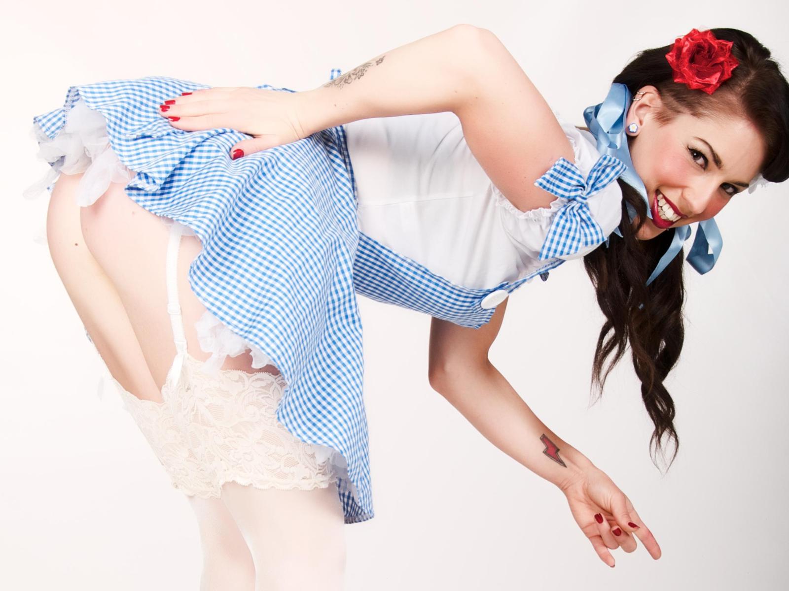 young, brunette, model, slim, sexy babe, long hair, tattoo, posing, bend forward, sexy dressed, lingerie, cosplay, dorothy, costum, stockings, pin up style, make up art, hi-q, nice rack, sexy ass, string, sexy, ass wallpaper, erotic, red lips