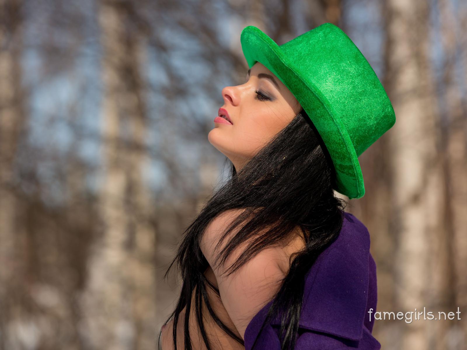 katie, brunette, sexy girl, adult model, :), beautiful, coat, hat, long hair