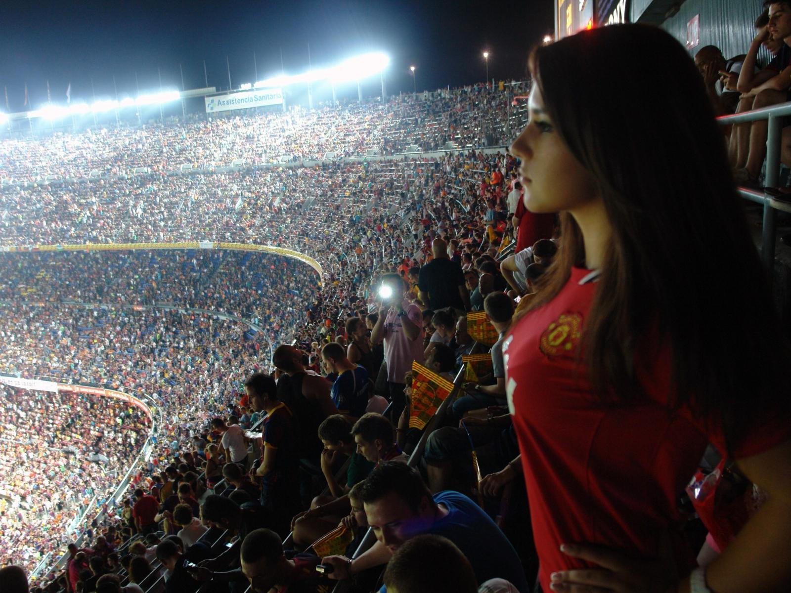 girl, brunette, stadium, cute, long hair, sport, stands, old trafford, manchester united stadium