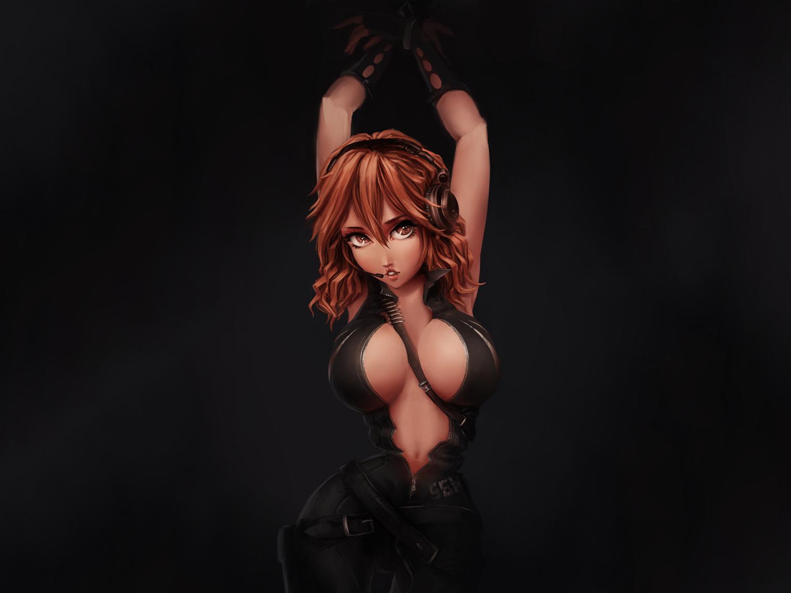 anime, tied up, hands up, red hair, big breasts, cartoon, fantasy, girls, nice look