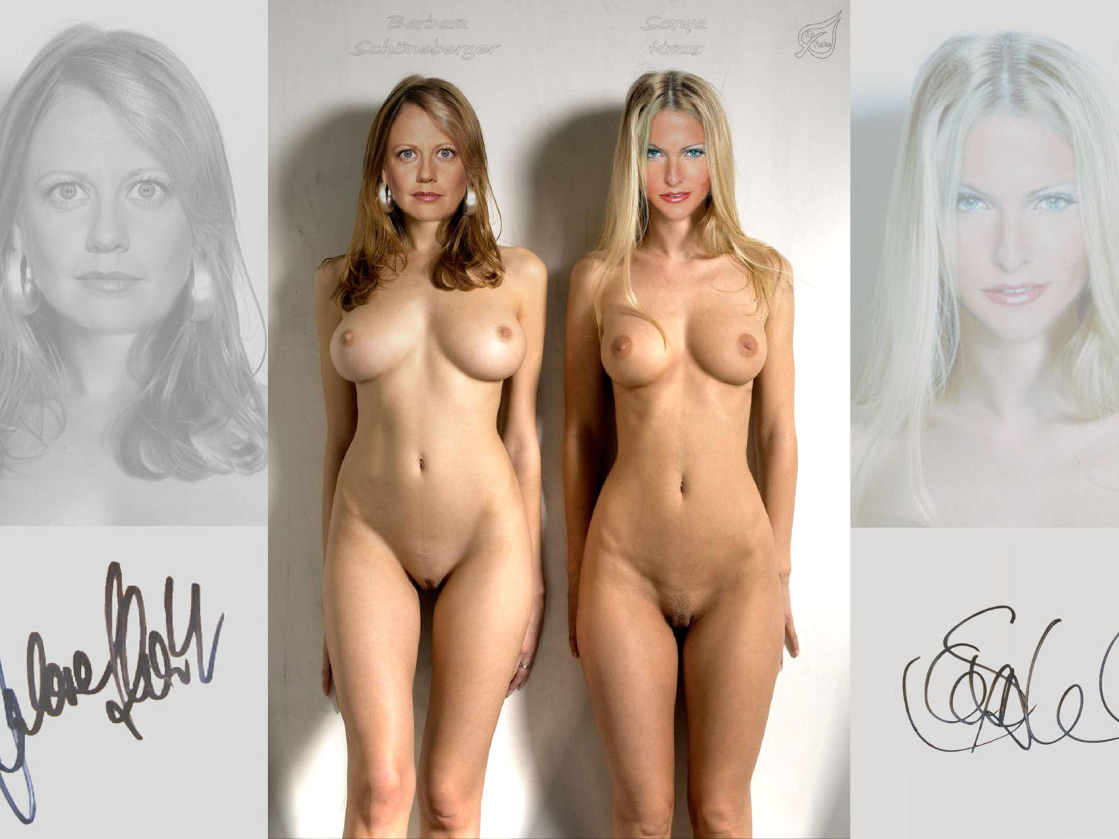 german tv-presenter, barbara schoneberger, sonya kraus, big boobs, posing, shaved, photoshoot, blond, brunette, compilation, celebrity fake, two girls, low quality