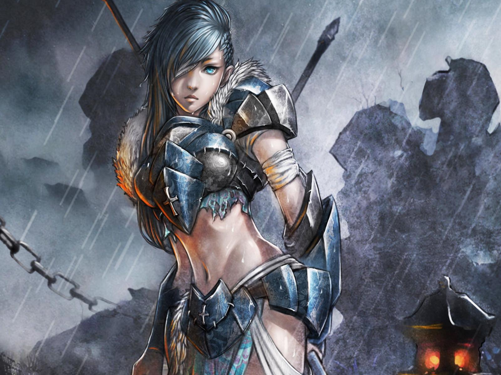 art, warrior, women, armour, rain, fantasy