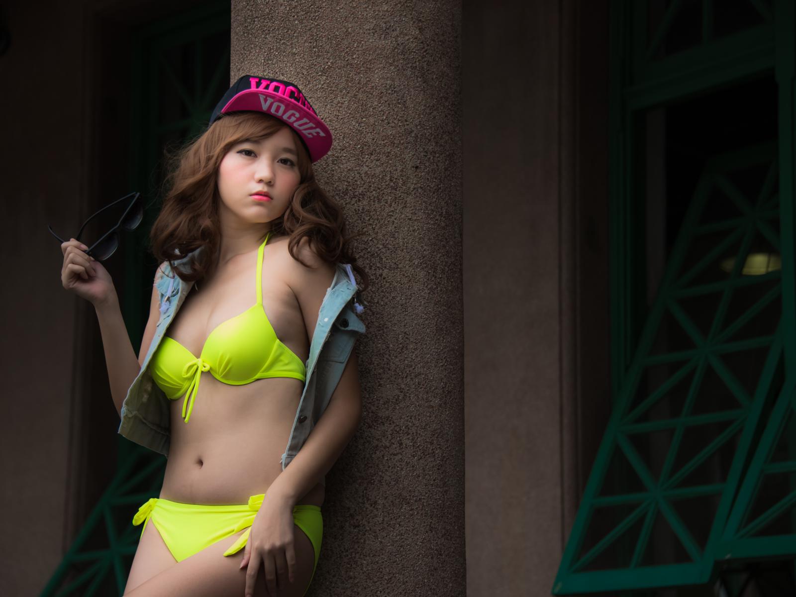 asian, girl, sweet, cute, bikini, brunette, yellow bikini, cap, non nude, gorgeous, hat