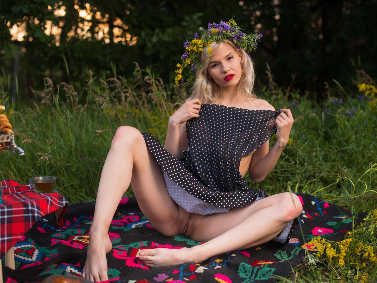 zarina a, blonde, dress, erotic, outdoors, trimmed pussy, labia, pussy, spreading legs, red lips, grass