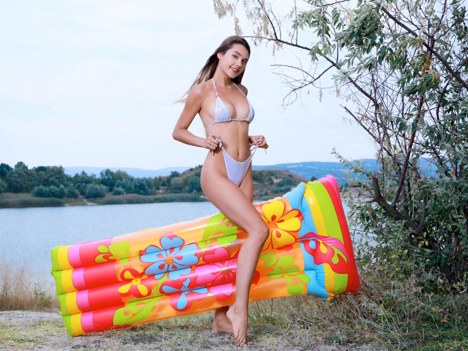 georgia, viva, susza k, brunette, outdoors, lake, air mattress, bikini, tanlines, boobs, smile, non nude, hi-q