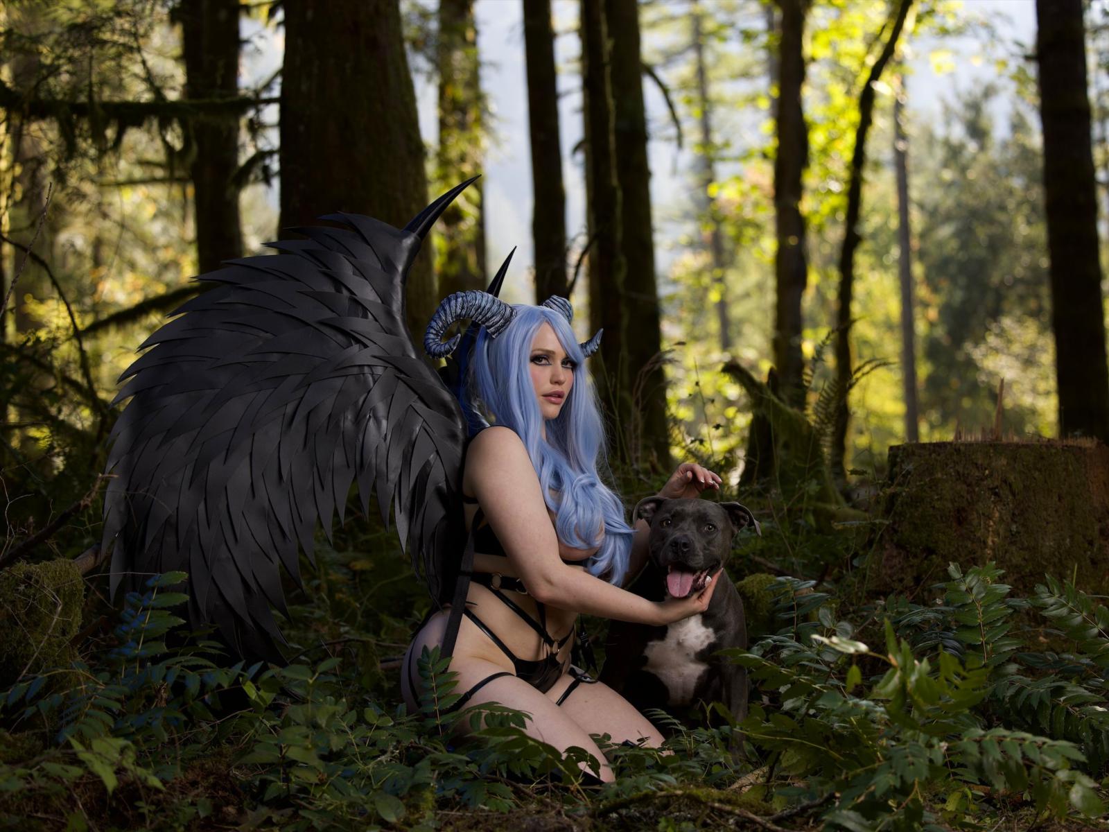 mia malkova, dog, horns, wings, cosplay, boobs, forest