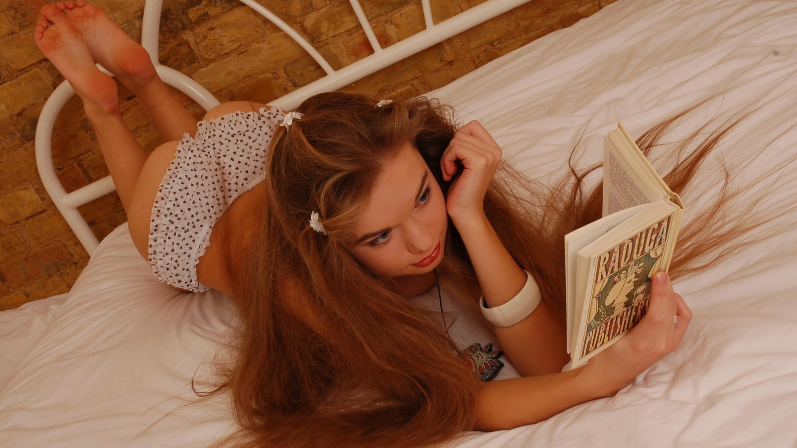 girl, sexy, redhead, lingerie, panties, ass, buttocks, bed, book, milena d, soles, homework